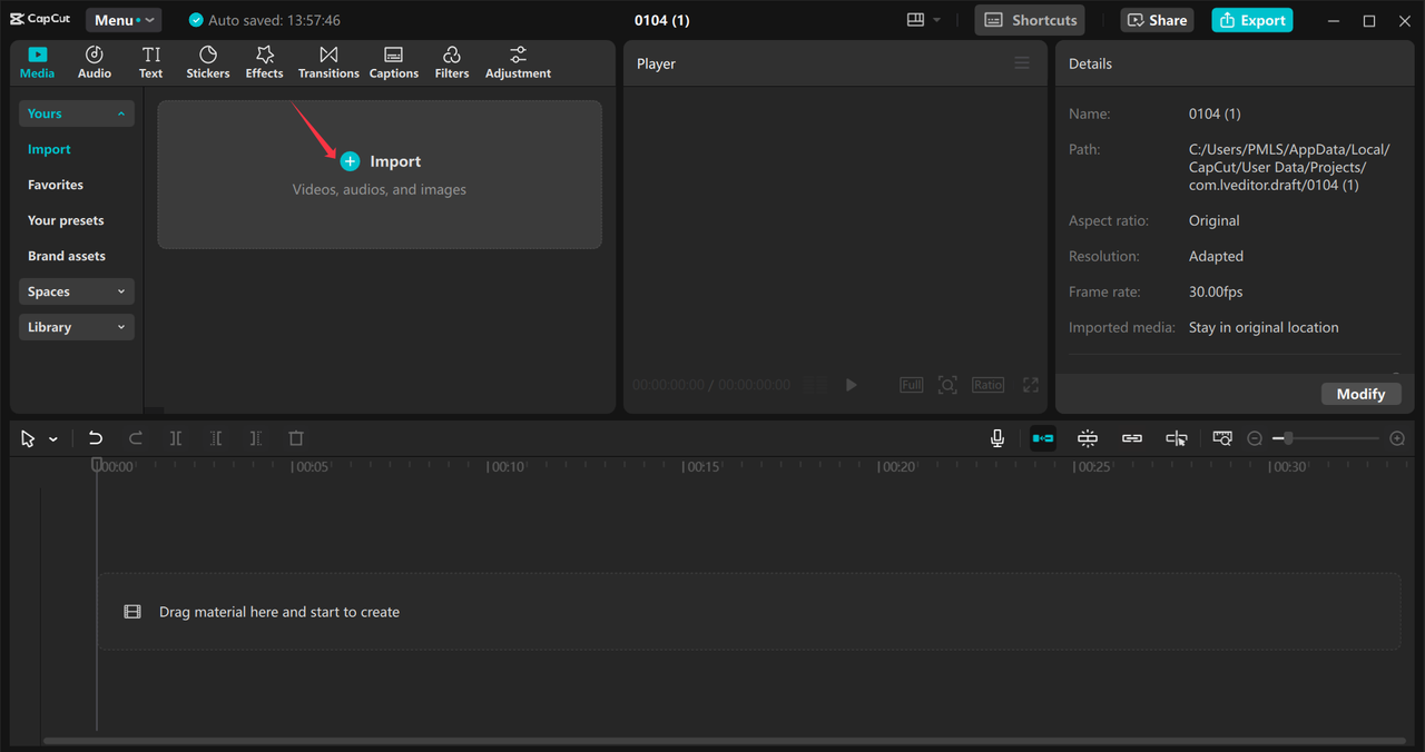 Uploading media in the CapCut desktop video editor