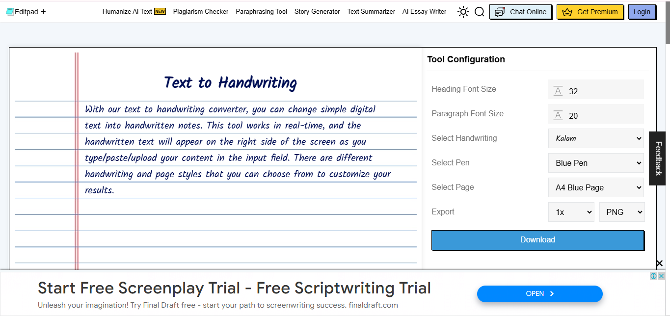 Interface do Editpad - a melhor ferramenta para escrever texto manuscrito online