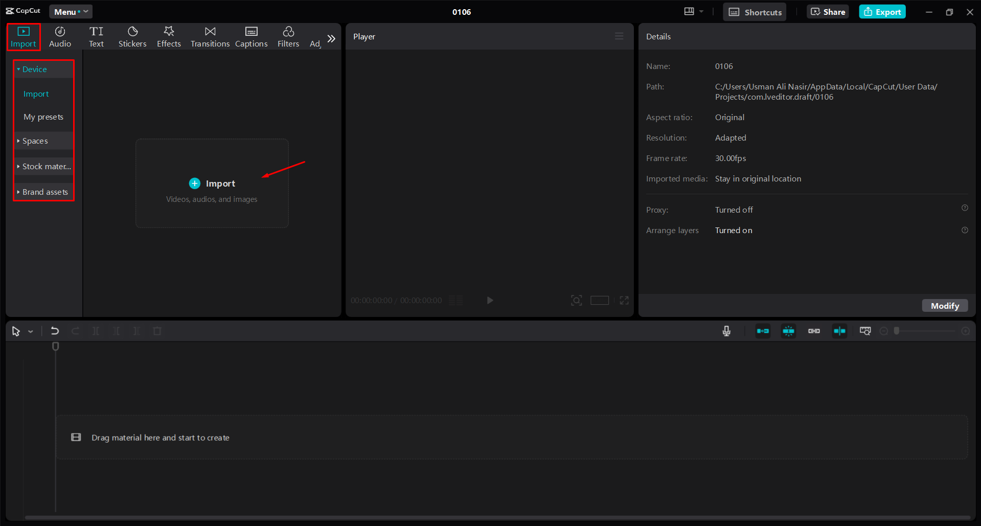 Uploading a video to the CapCut desktop video editor