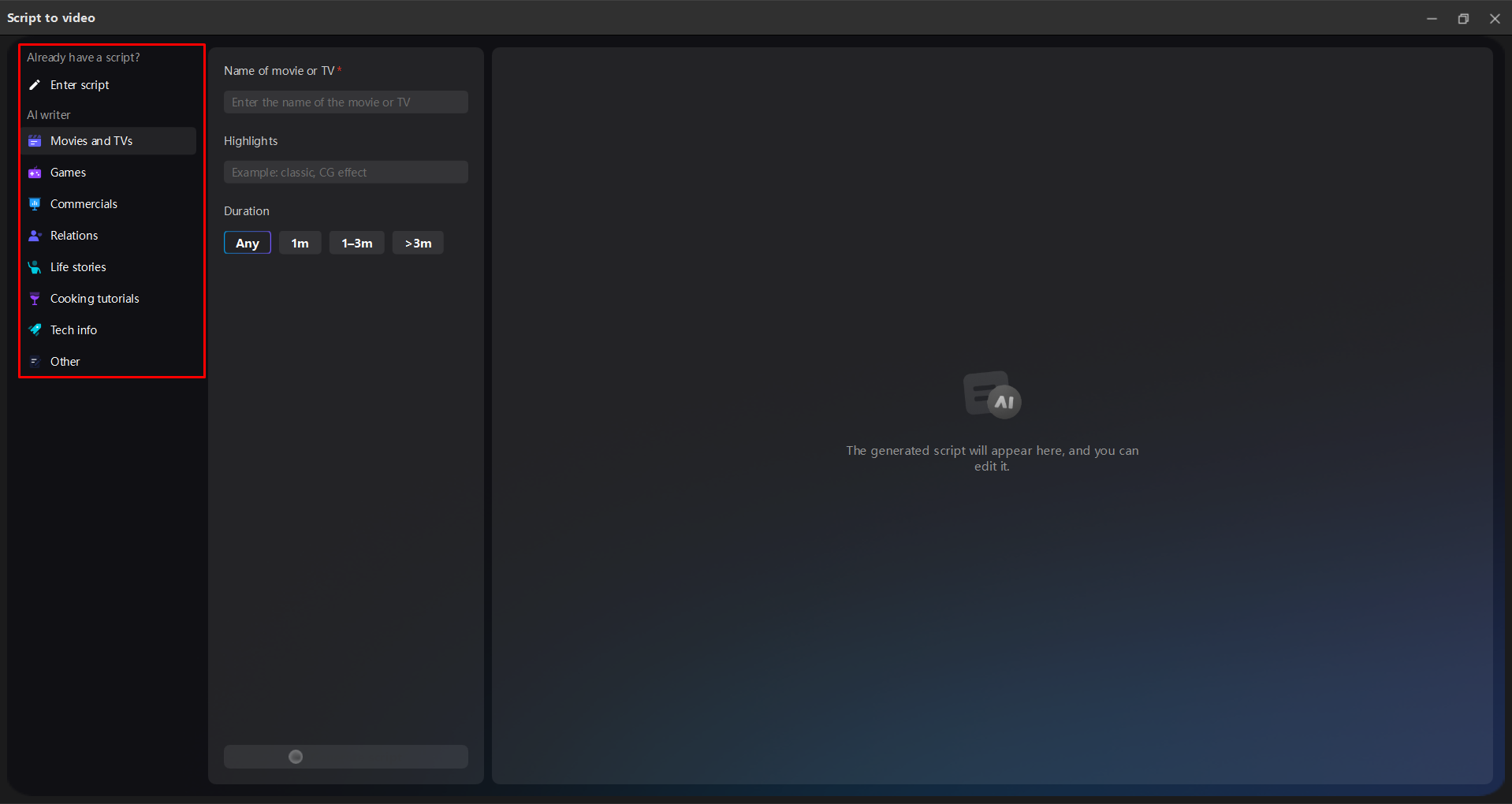 Scegliere uno scrittore AI per la generazione di script nell' CapCut editor video desktop