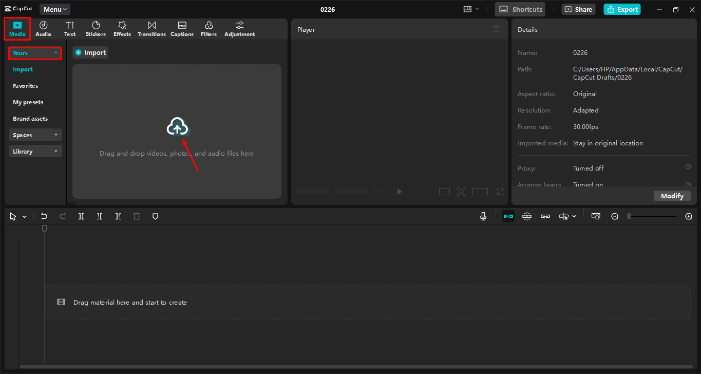 Caricamento dell'immagine nell' CapCut editor video desktop