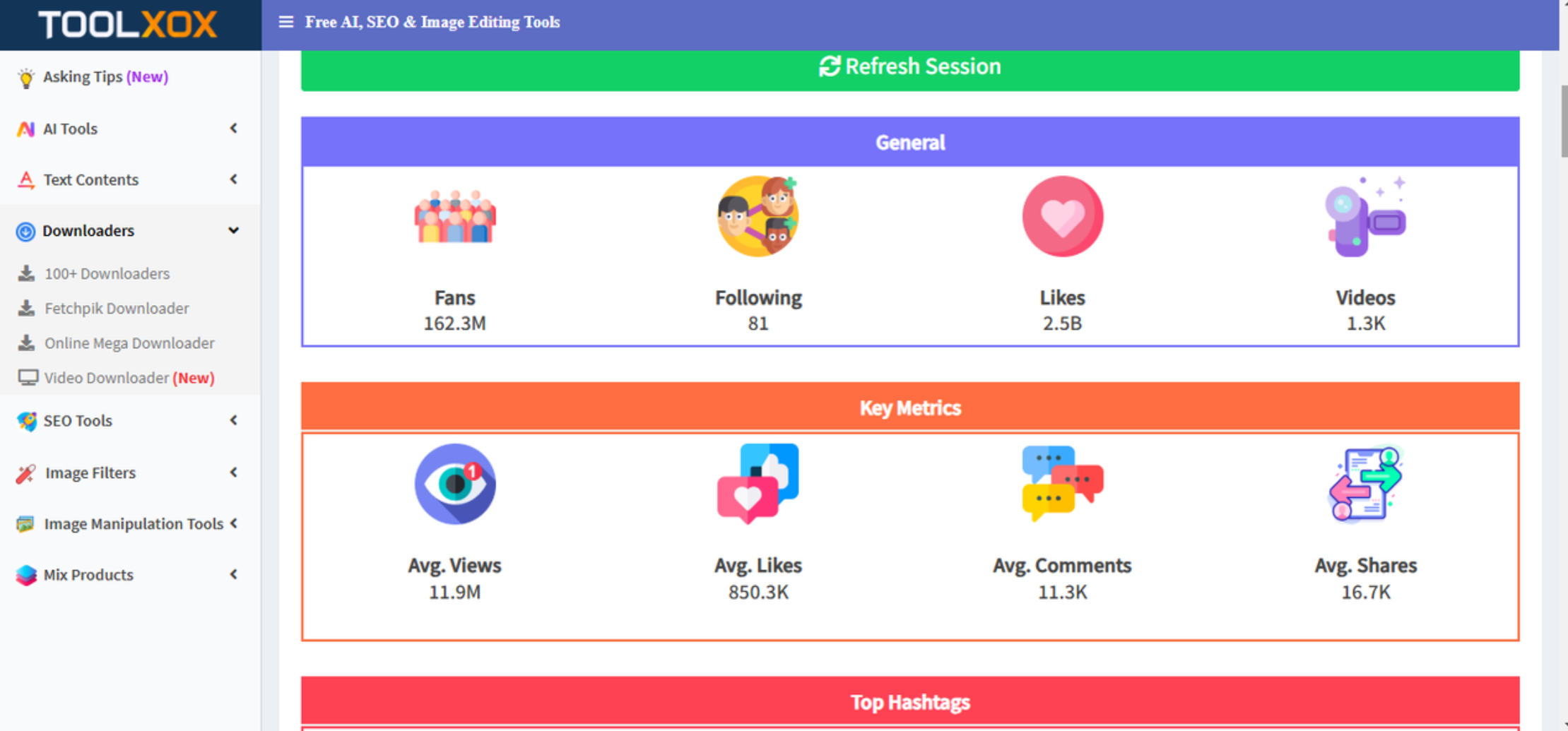Interfaz de ToolXoX: el popular analizador de cuentas de TikTok con