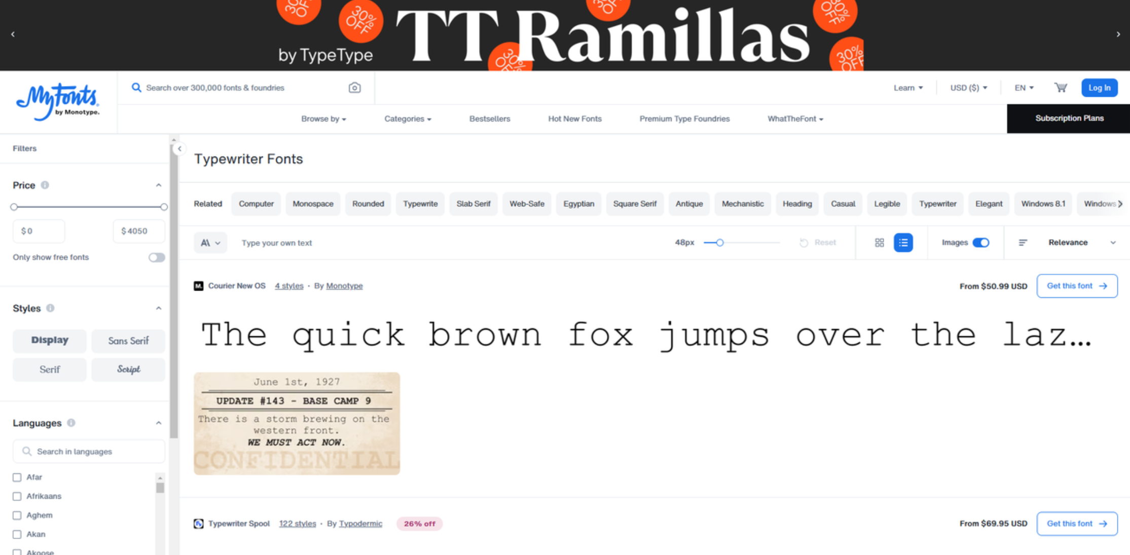Interface de MyFonts - um recurso online para fontes de texto para máquinas de escrever