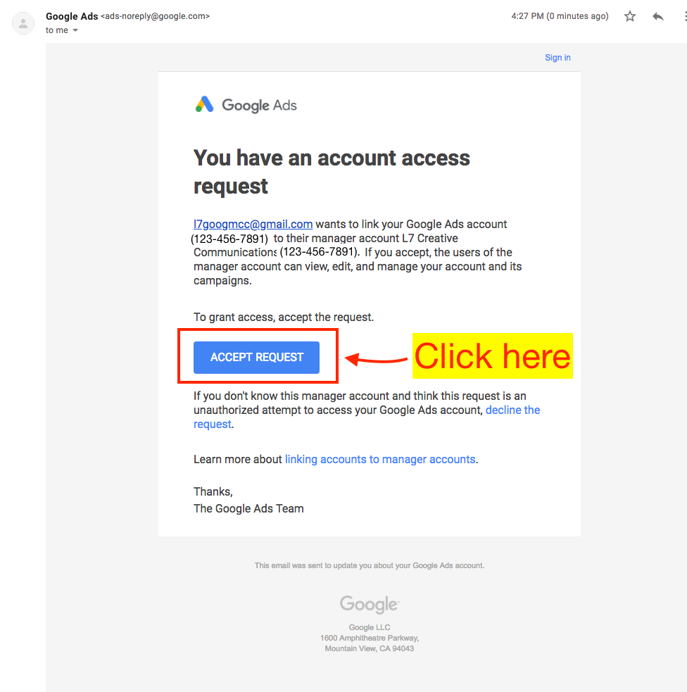Approvazione della richiesta di collegamento del canale YouTube a Google Ads