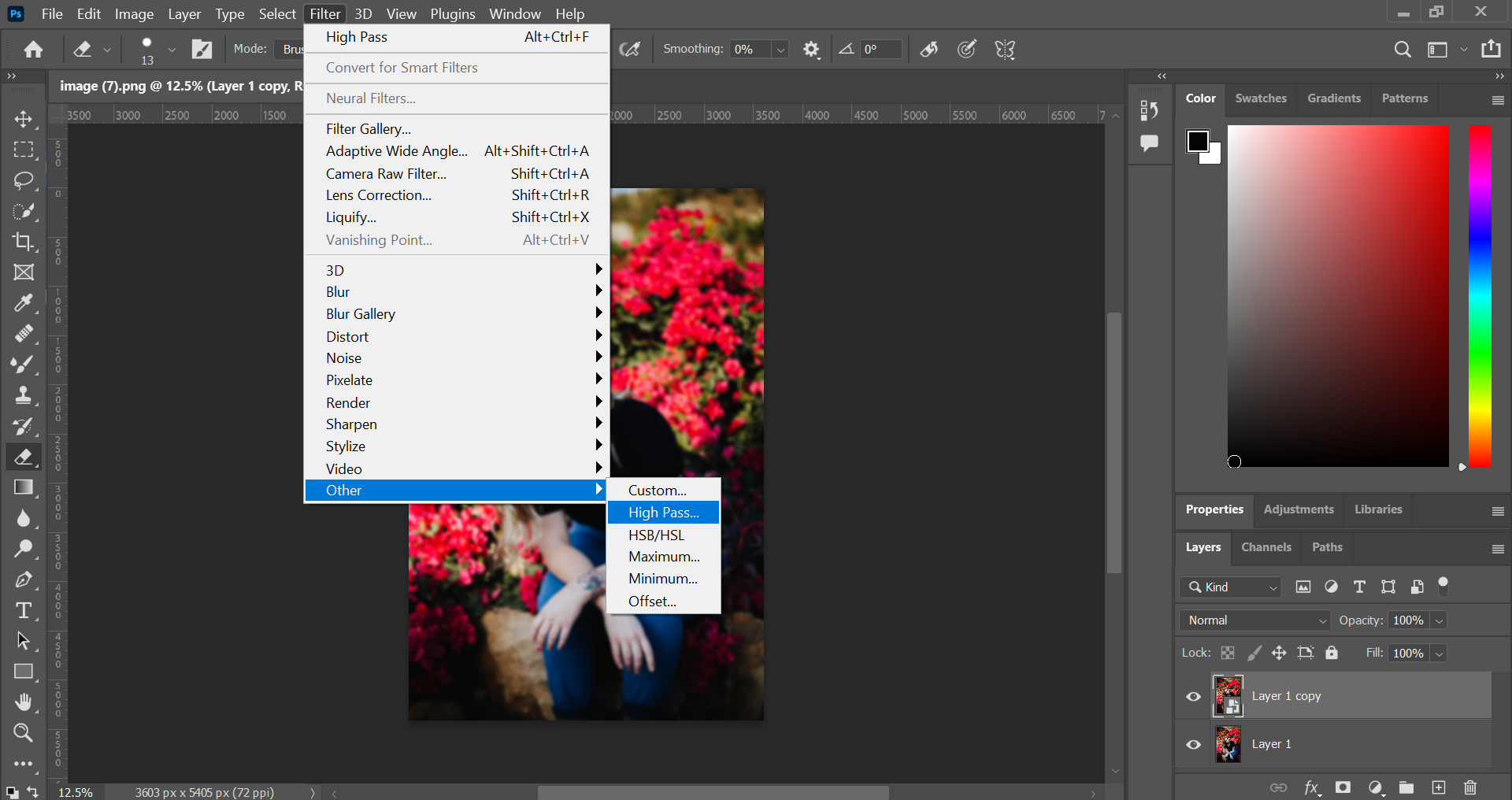 Sharpen image on Photoshop: Open High Pass filter