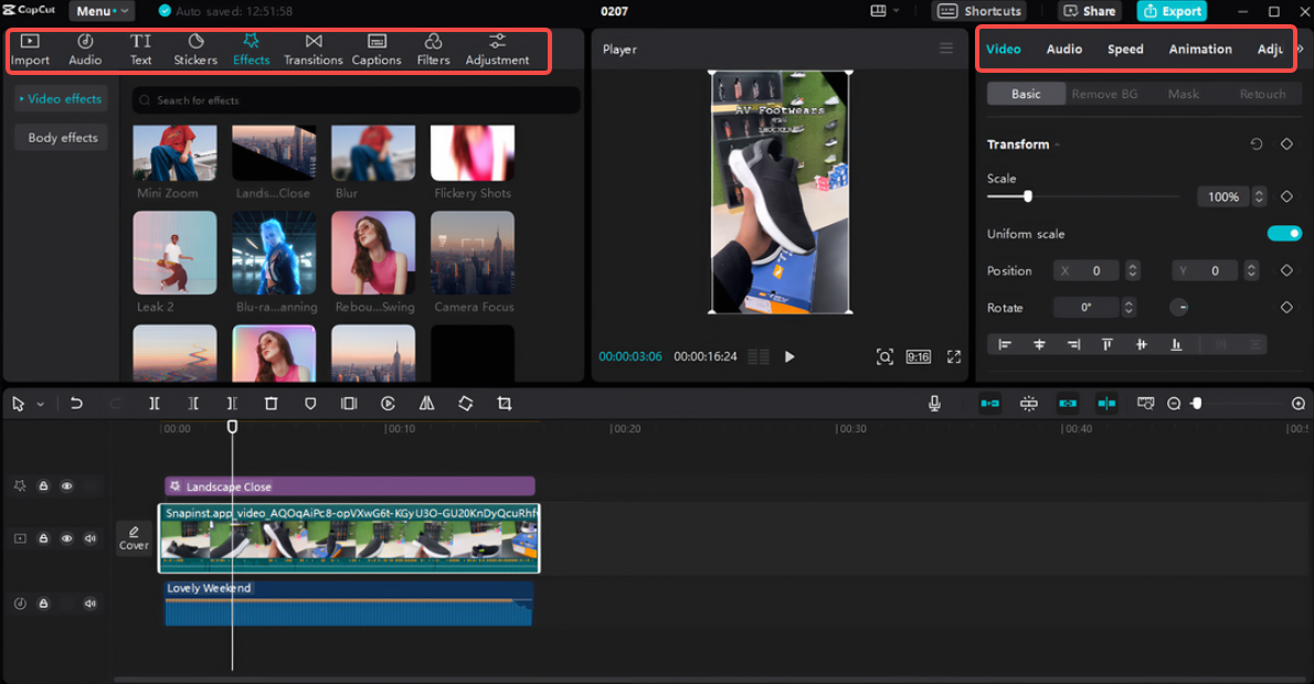 Bearbeitung und Verbesserung des Instagram Reel in CapCut