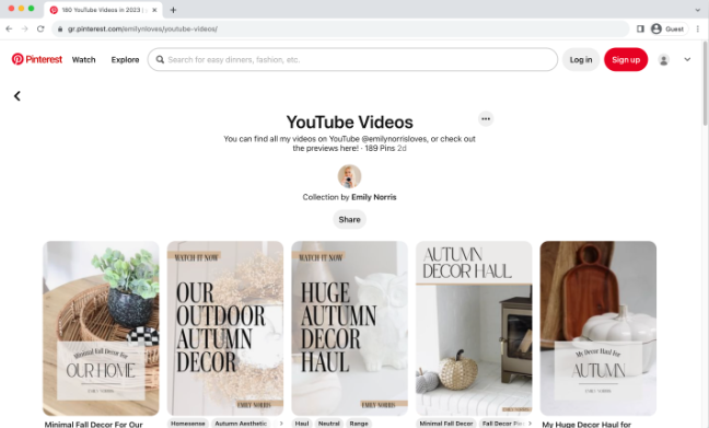 Interfaccia di Pinterest - un buon posto per promuovere i video di YouTube