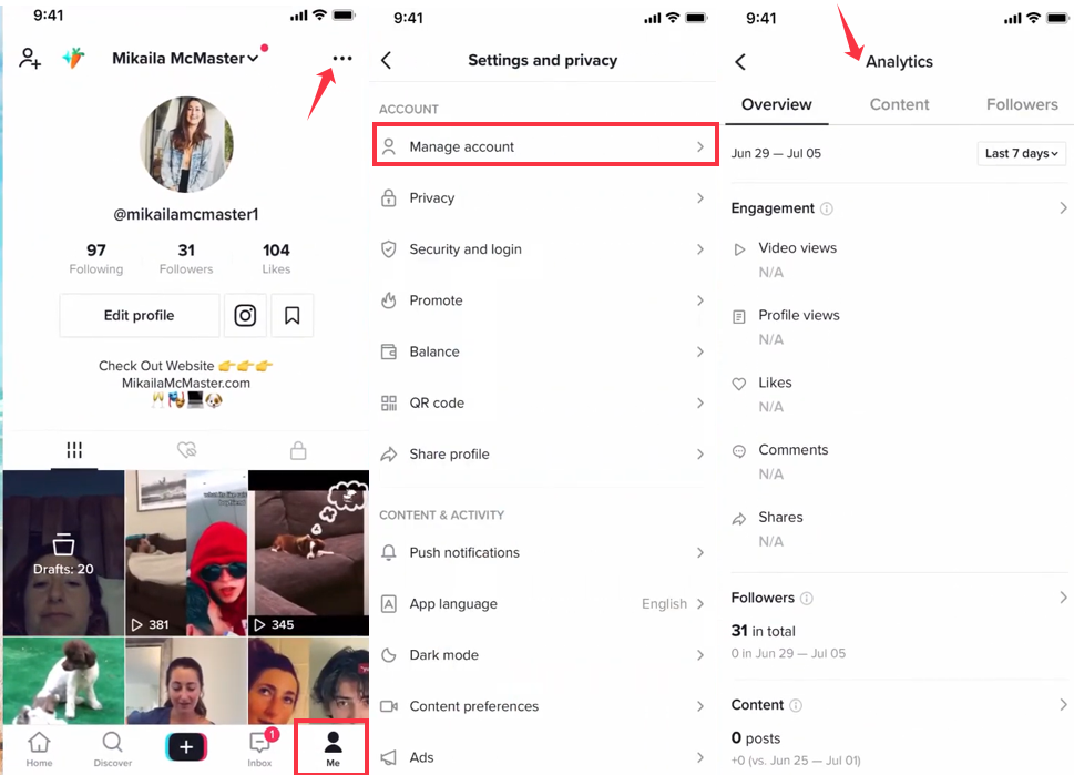 モバイルデバイスでTikTokアカウントの洞察にアクセスする方法を示す画像