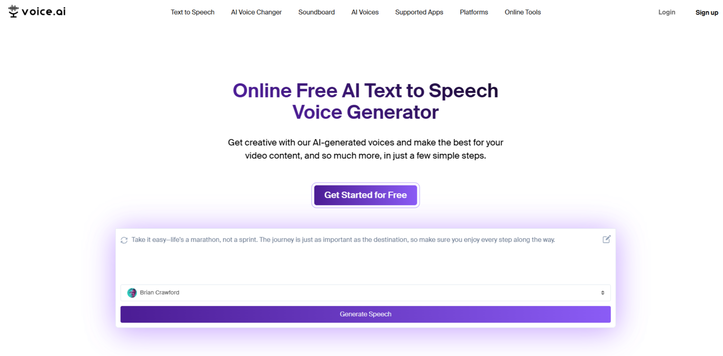 Interface van Voice AI: verander uw stem - genereer karakterstemmen met tekst-naar-spraak