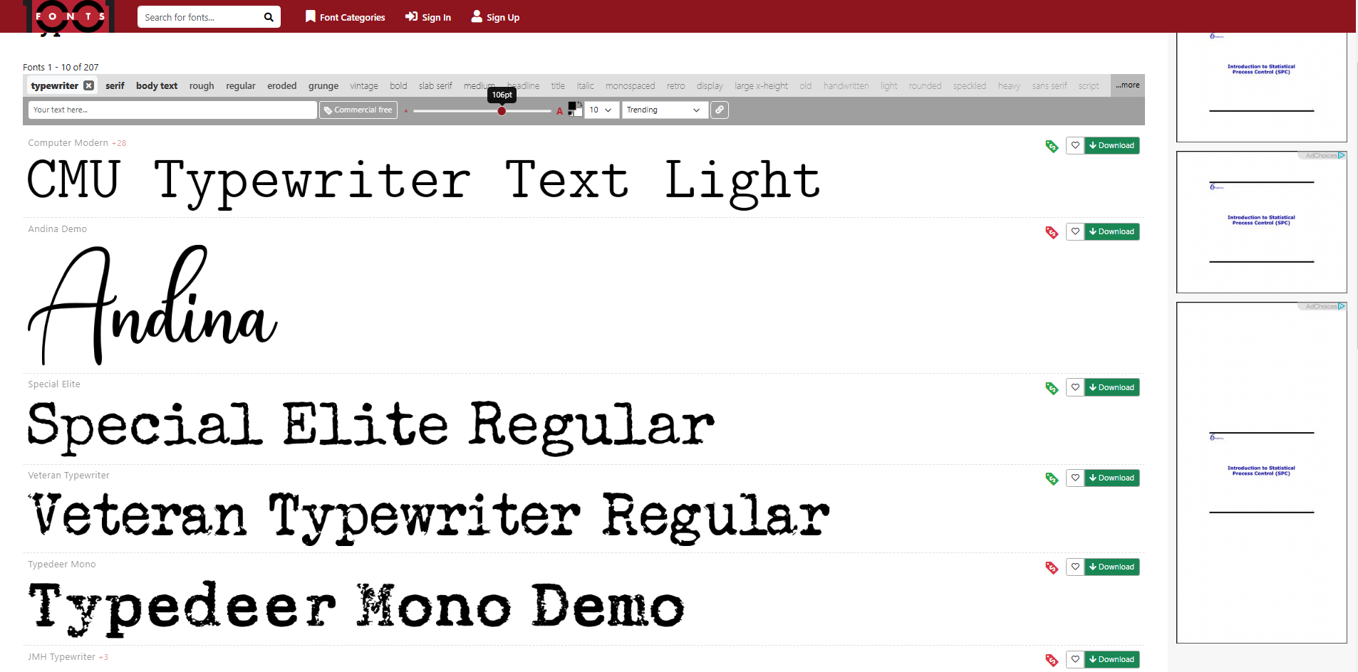 Interface de 1001 Fonts - uma plataforma online para obter fontes de texto gratuitas para máquinas de escrever