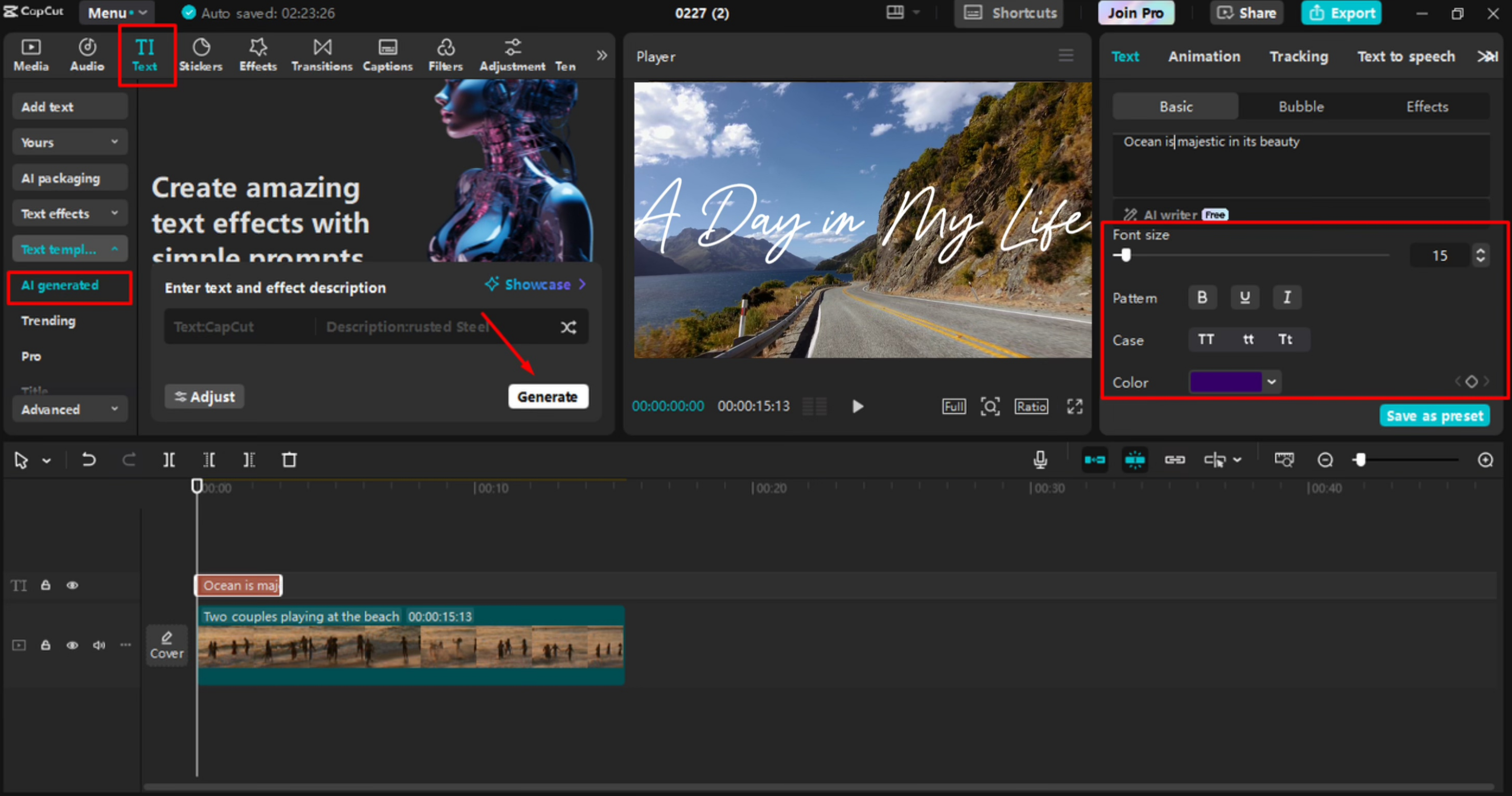 Het genereren van het handgeschreven lettertype in de CapCut desktop video-editor