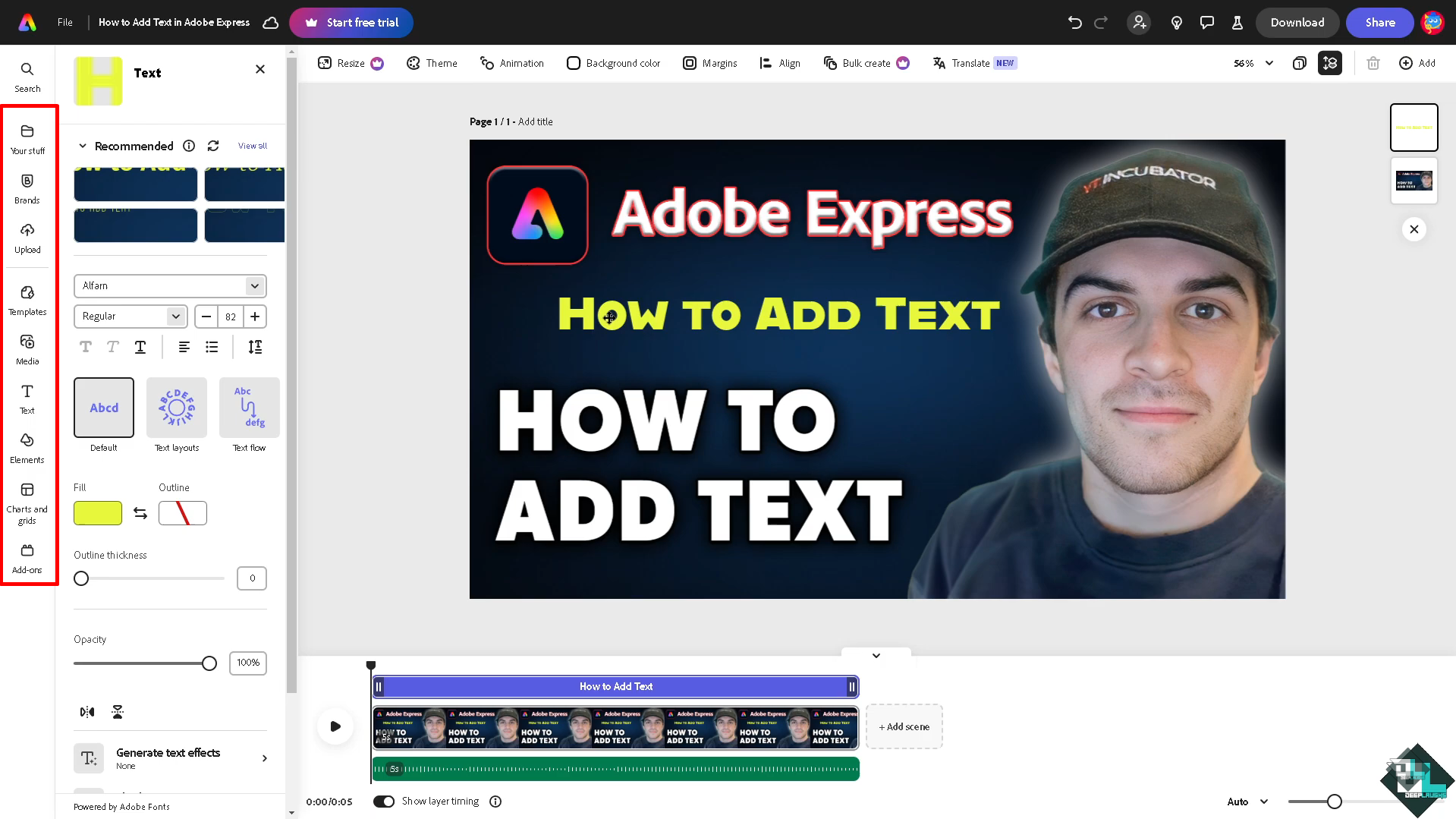 Fotoğraflara nasıl metin yazılacağını gösteren Adobe Express arayüzü