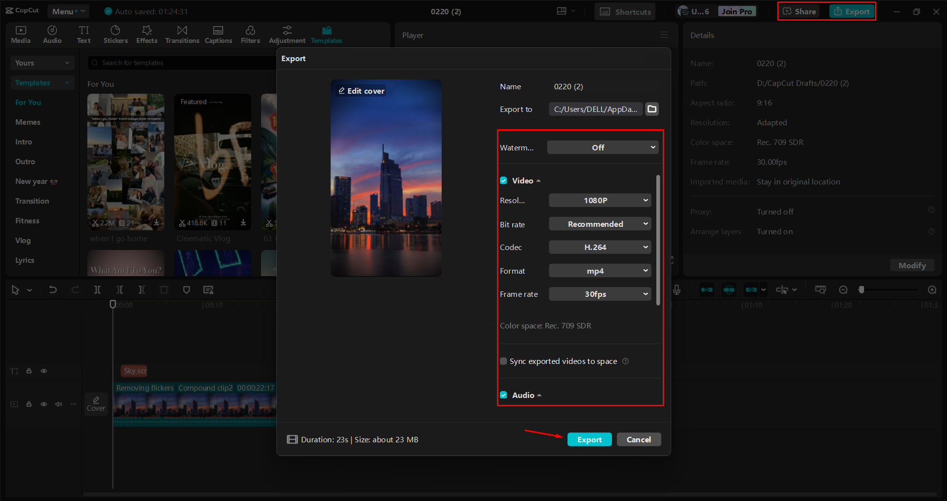 Speichern des Videocovers im CapCut Desktop-Video-Editor
