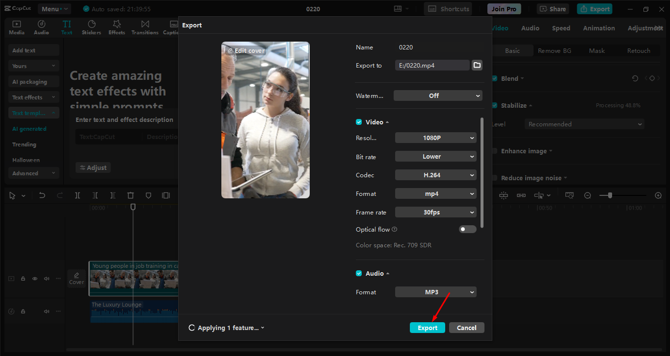 Exportação de vídeo para o editor de vídeo de desktop CapCut