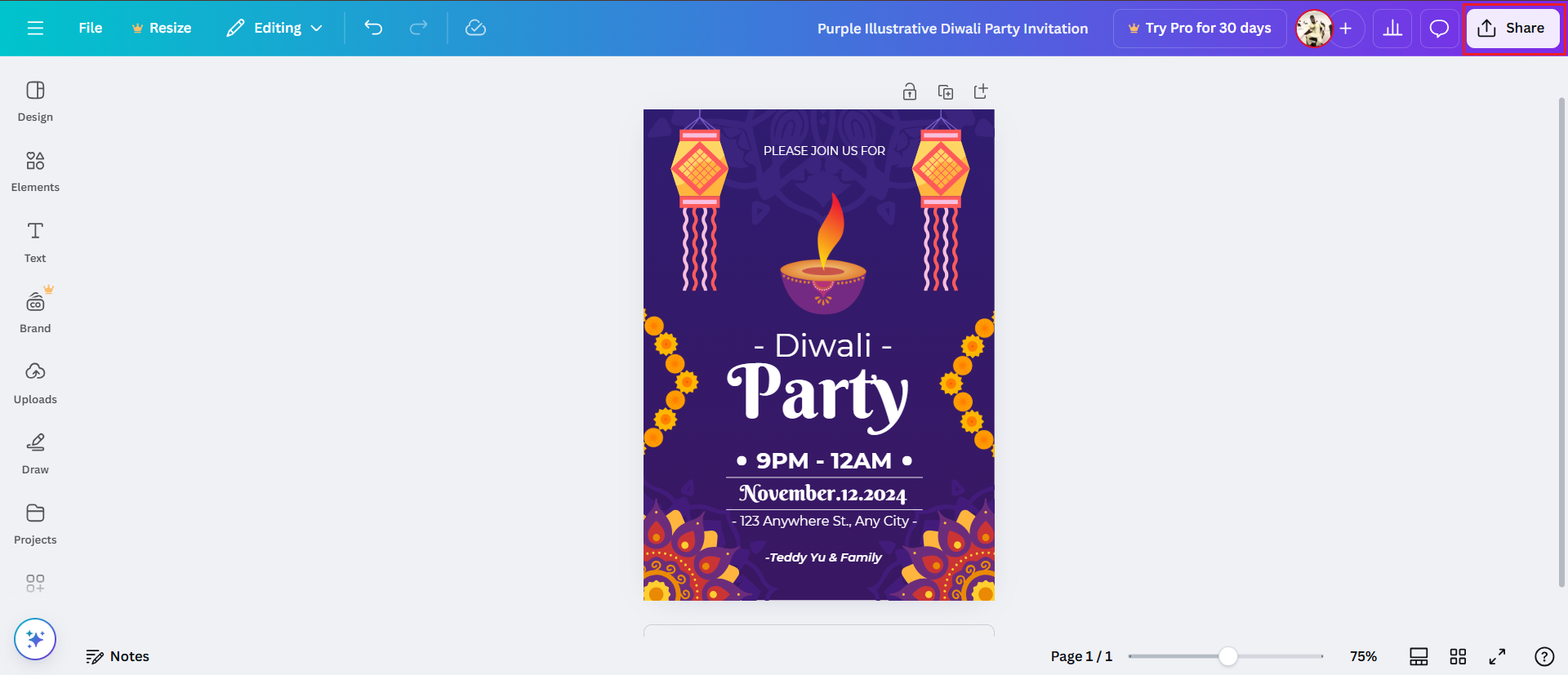 Diwali celebration invitation card