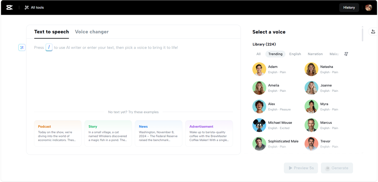 CapCut Web's text-to-speech tool interface