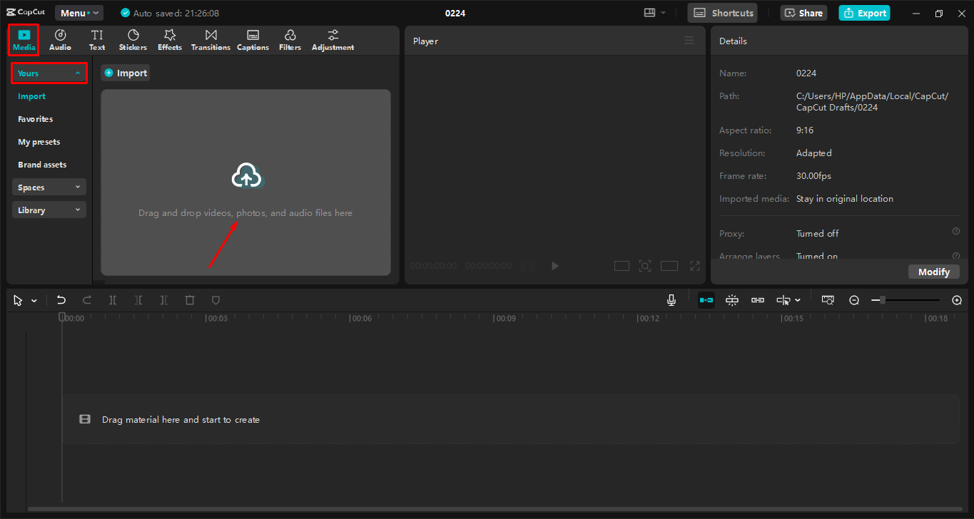 Memuat naik video ke editor video desktop CapCut