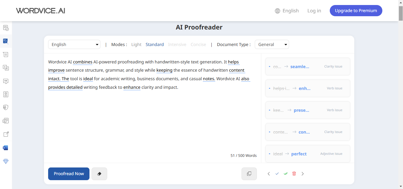 Interface do Wordvice IA - a popular ferramenta para escrever texto online grátis
