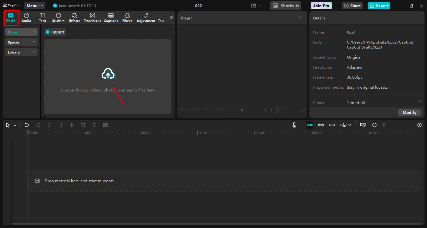 Hochladen von Videos auf den CapCut Desktop-Video-Editor