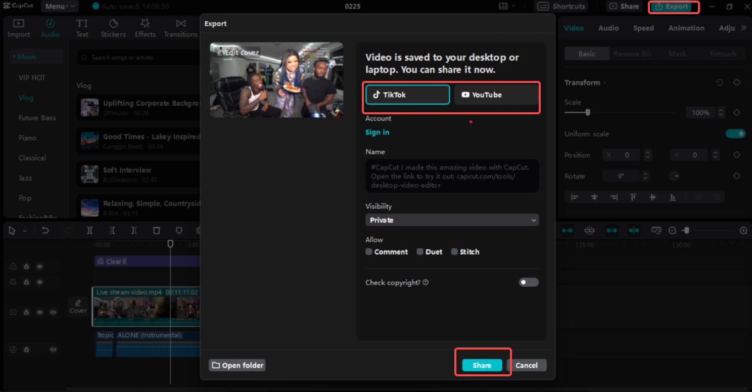 Exporting and sharing the video on YouTube