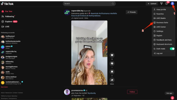Mengakses Suite Bisnis untuk melihat wawasan TikTok