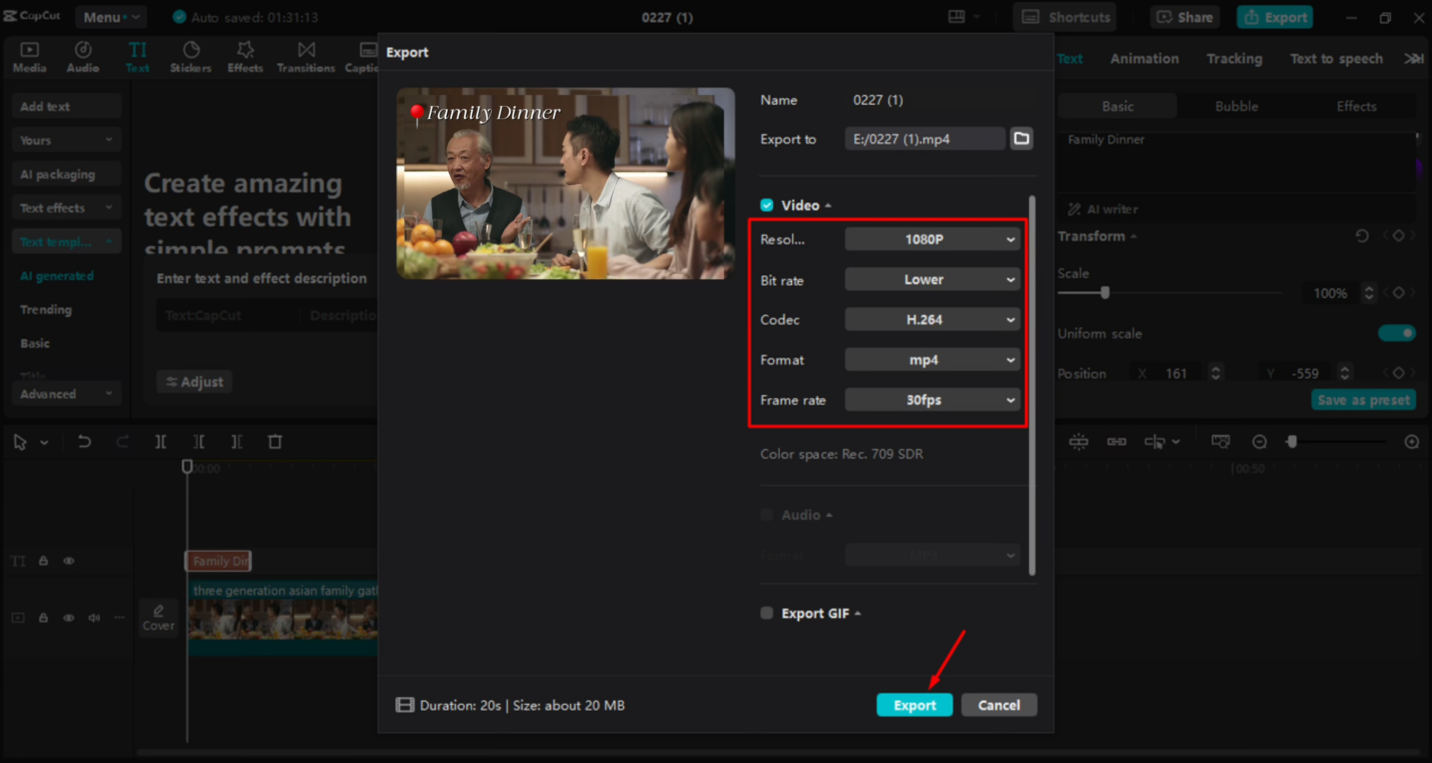 Exportação de vídeo do editor de vídeo para desktop CapCut