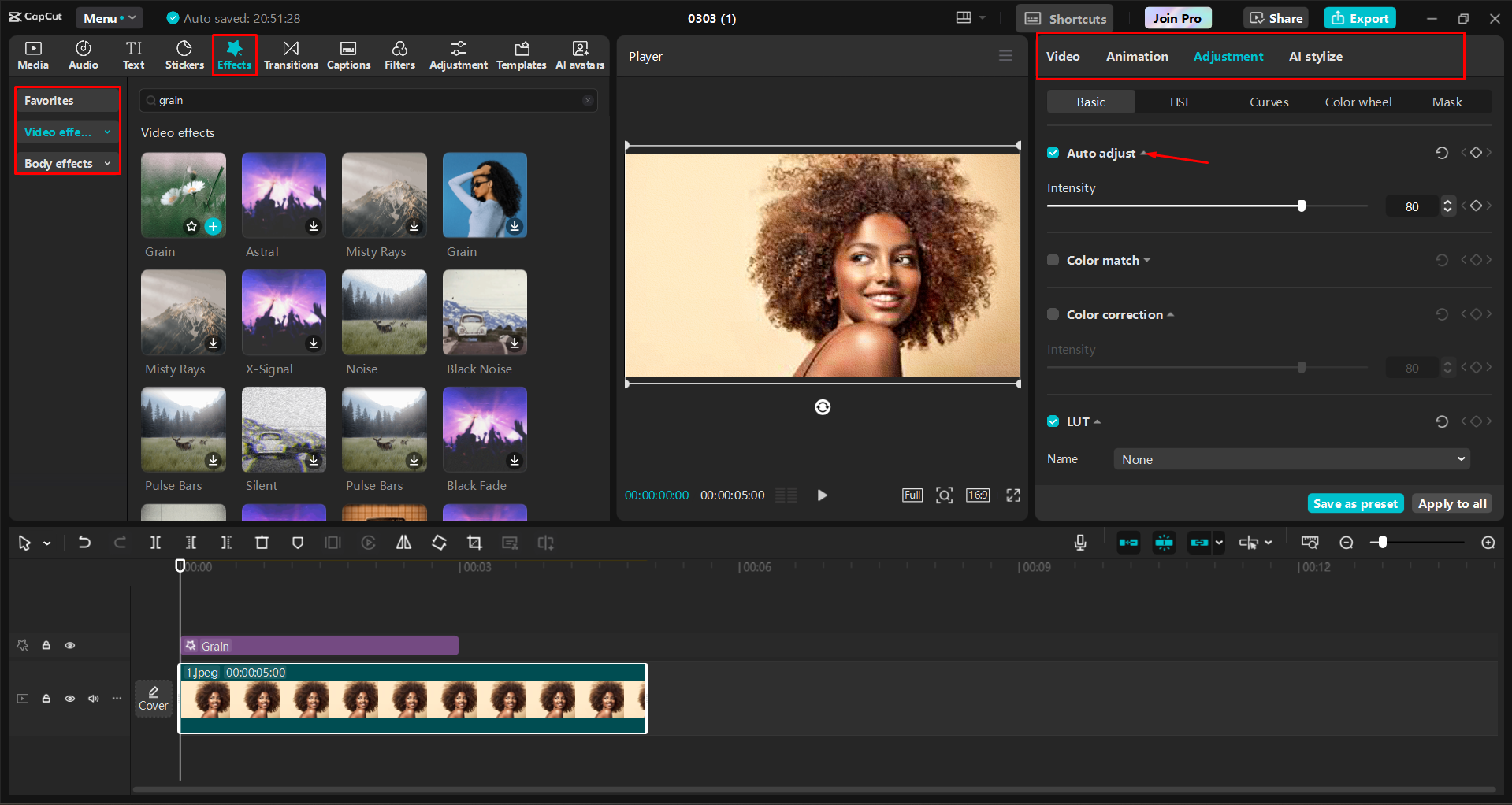 Menerapkan efek film kasar ke gambar di CapCut editor video desktop