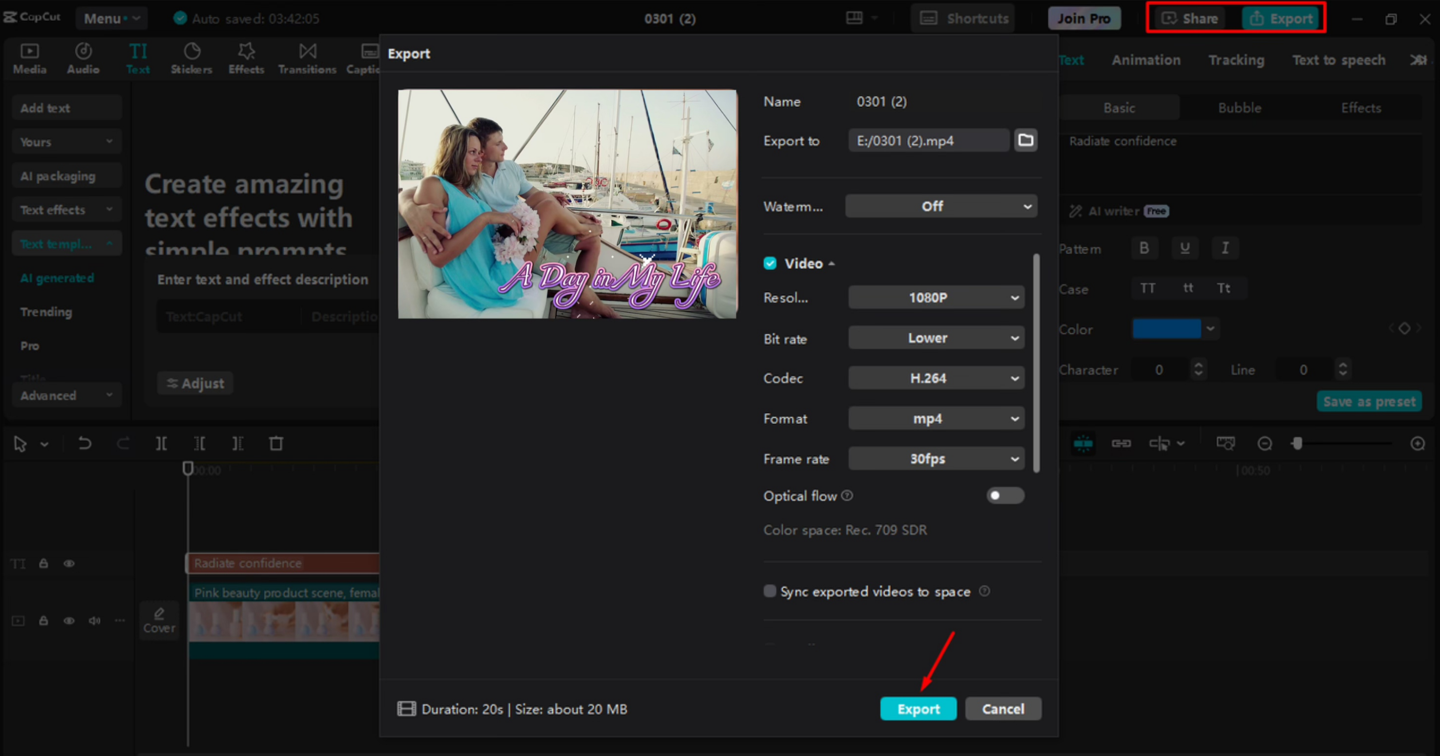 Esportazione video nell' CapCut editor video desktop