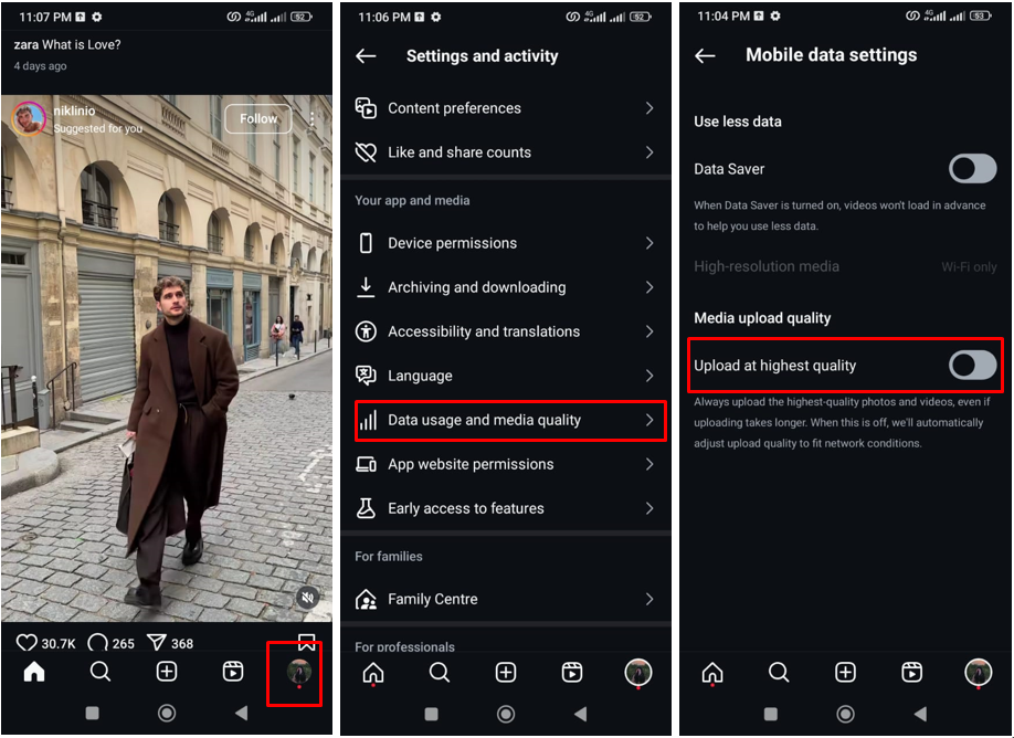 Imagem mostrando como ativar a opção de upload de alta qualidade no Instagram