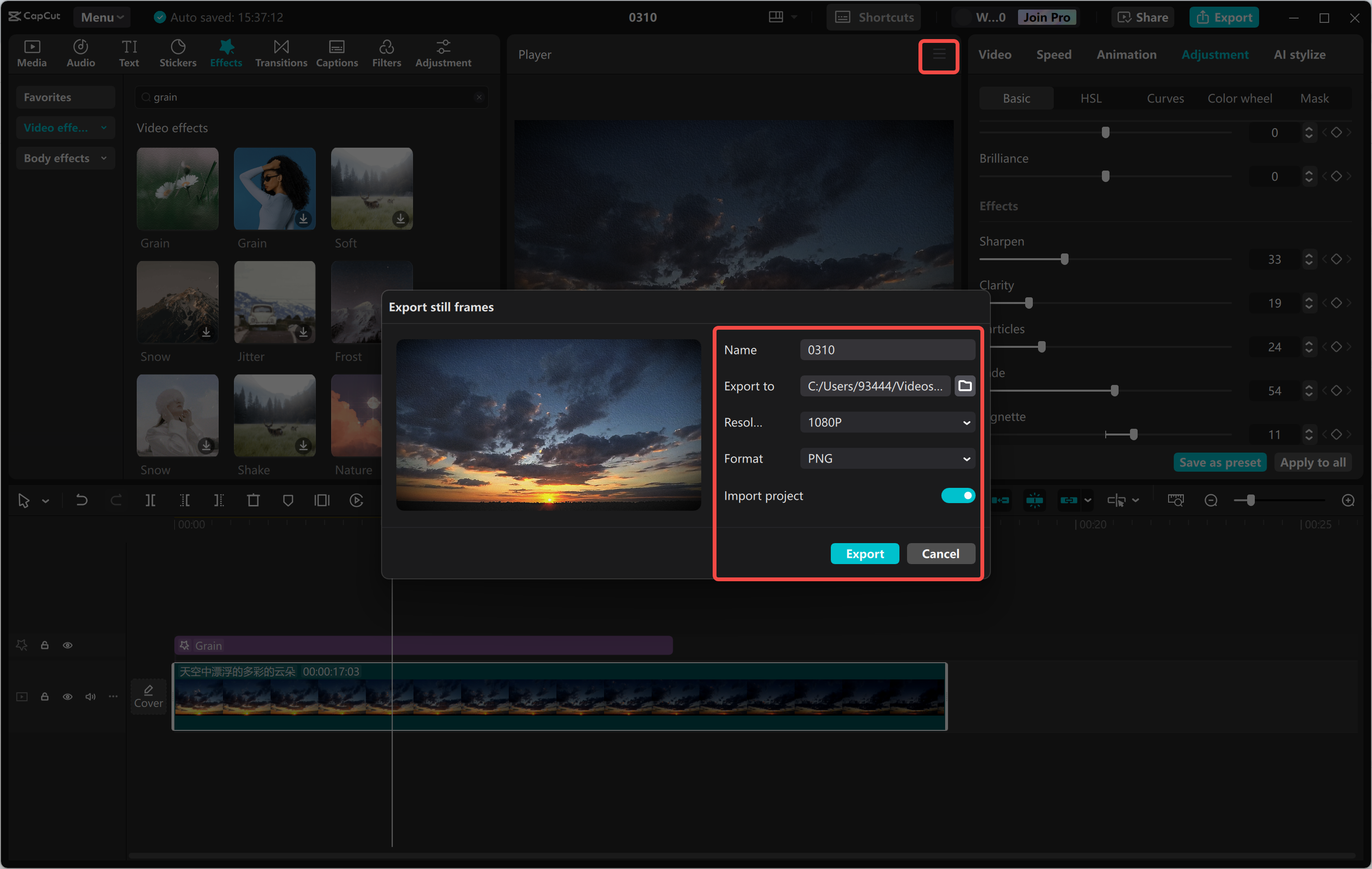 Exportando fotogramas fijos desde el CapCut editor de video de escritorio
