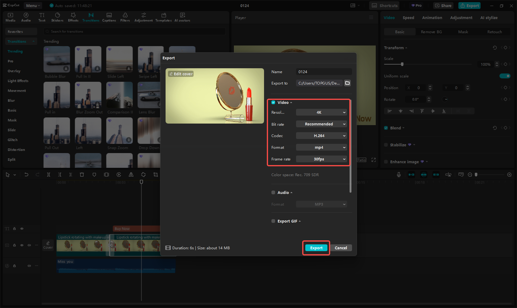 Export videa v CapCut