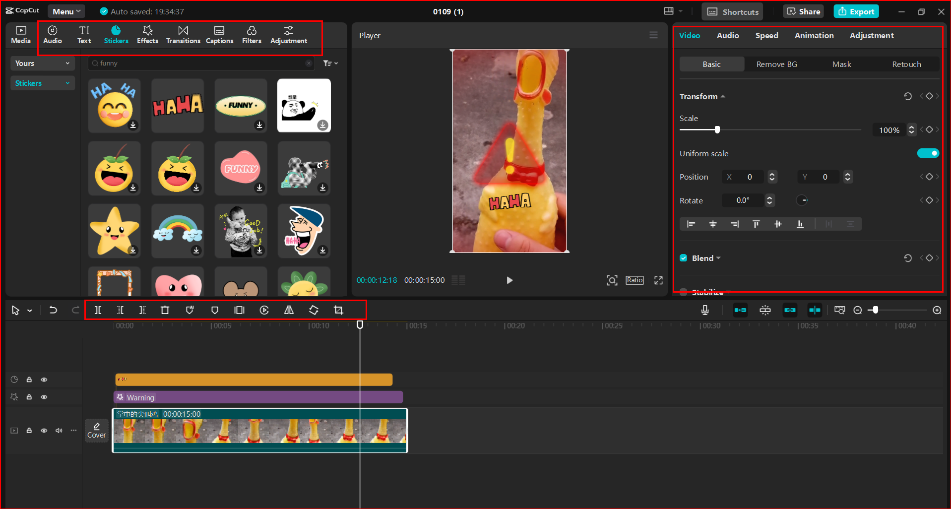 A interface do editor de vídeo para desktop CapCut, editando curtas engraçados do YouTube