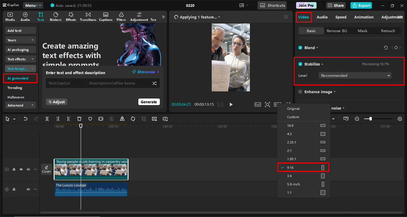 Edição do carretel no editor de vídeo para desktop CapCut
