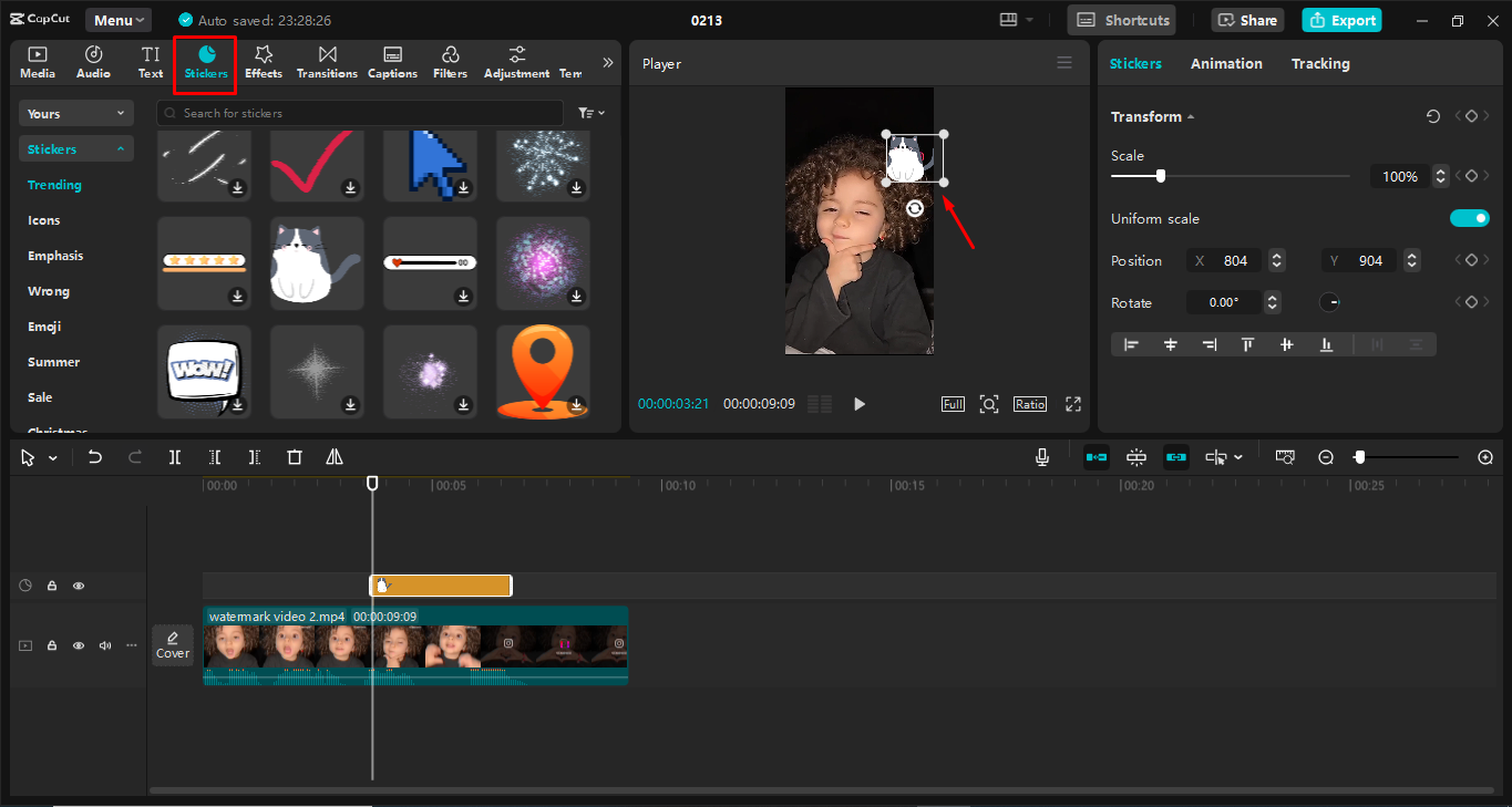 Using stickers to cover the watermark in the CapCut desktop video editor