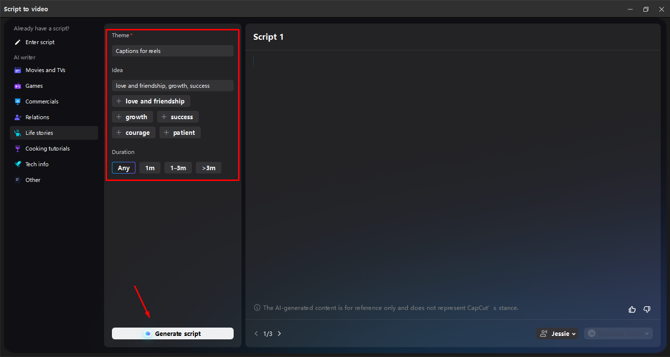 Using the AI writer tool to create captions in the CapCut desktop video editor