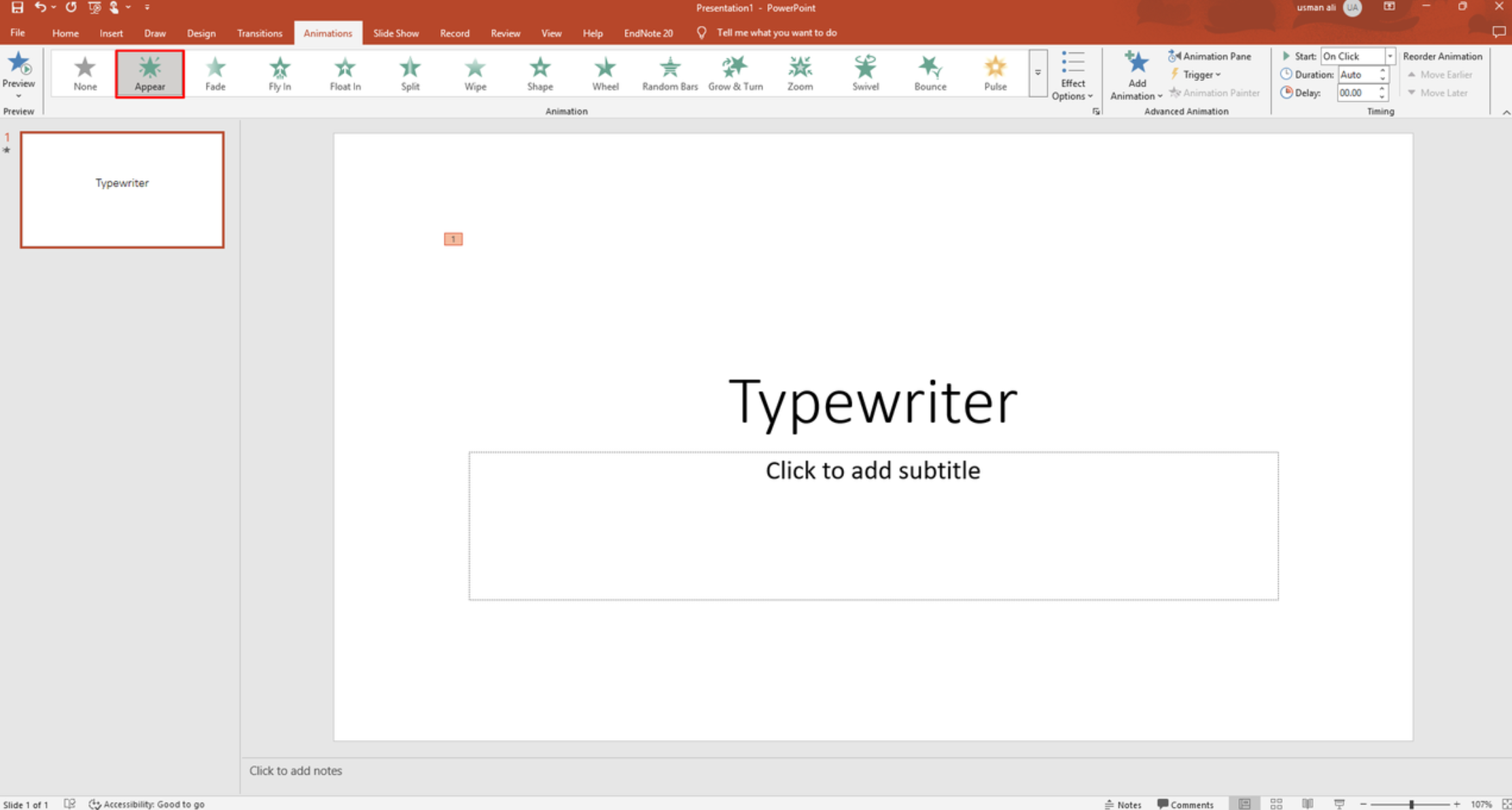 Cliquer sur apparaître pour l'animation de la machine à écrire PowerPoint