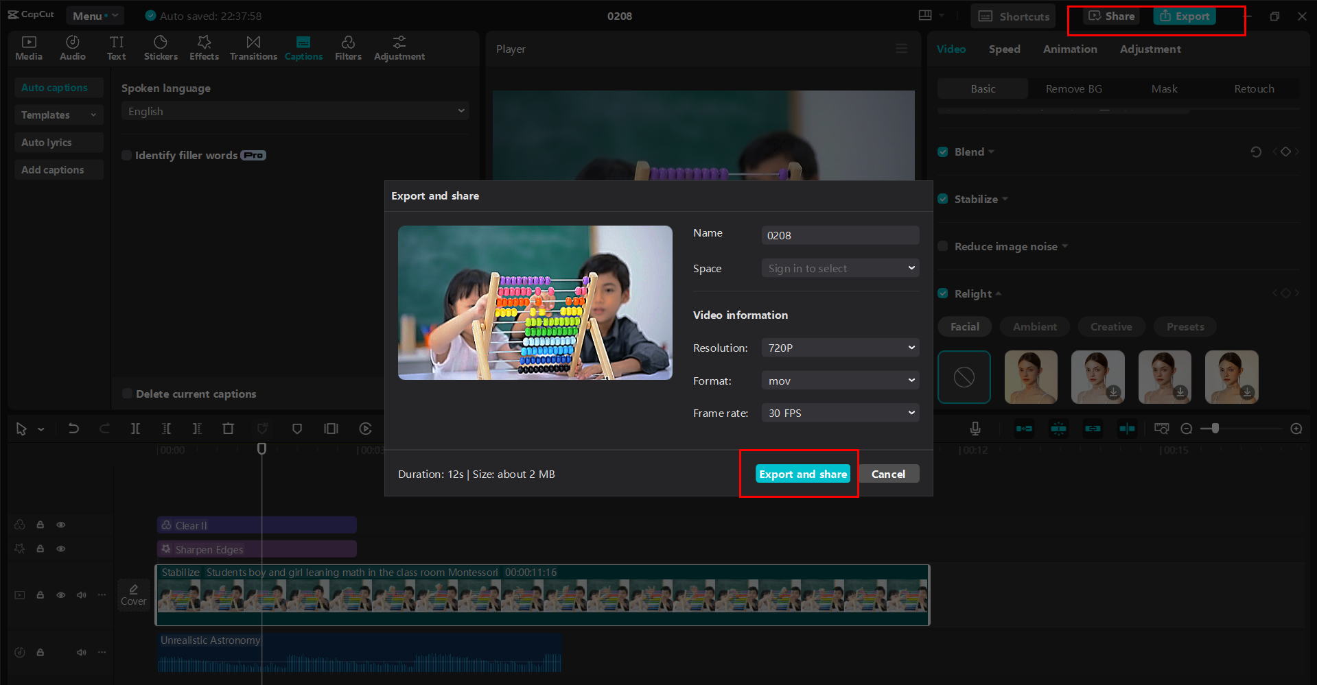 Exporting or sharing the video from the CapCut desktop video editor
