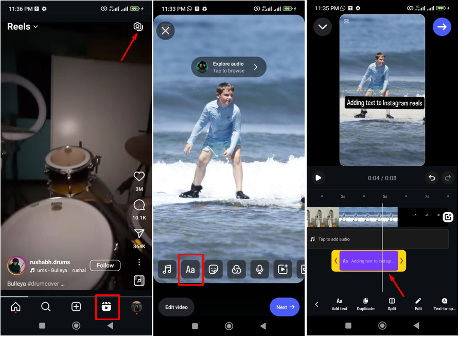 Imagem mostrando como adicionar texto em carretéis do Instagram