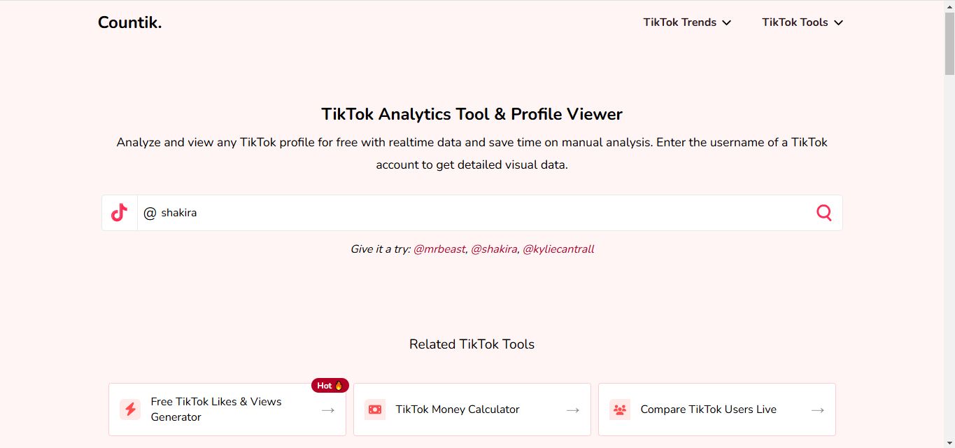 Interfaccia di Countik - uno dei migliori strumenti di analisi TikTok gratuiti