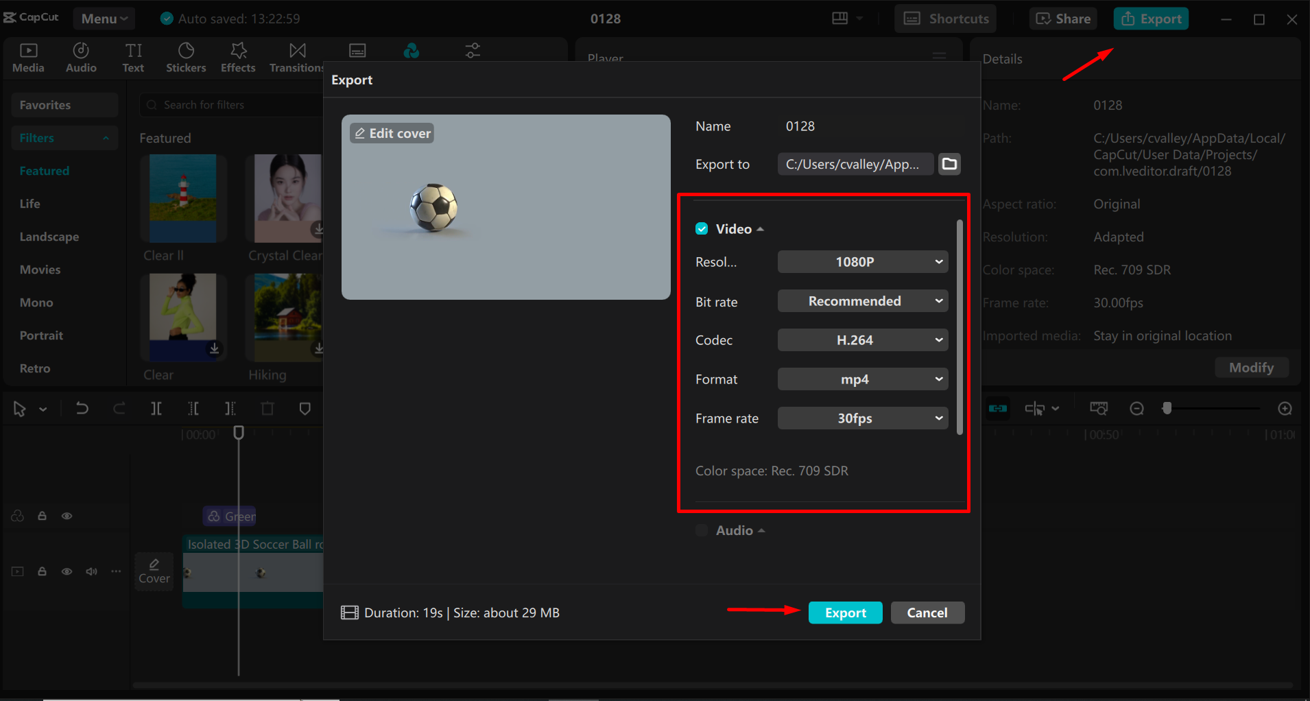 Esportazione di un video dall' CapCut editor video desktop
