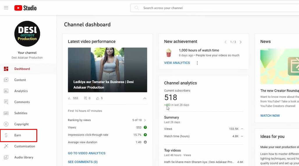 Navigating to YouTube Studio for monetization setup through the Partner Program to start earning revenue from YouTube Shorts