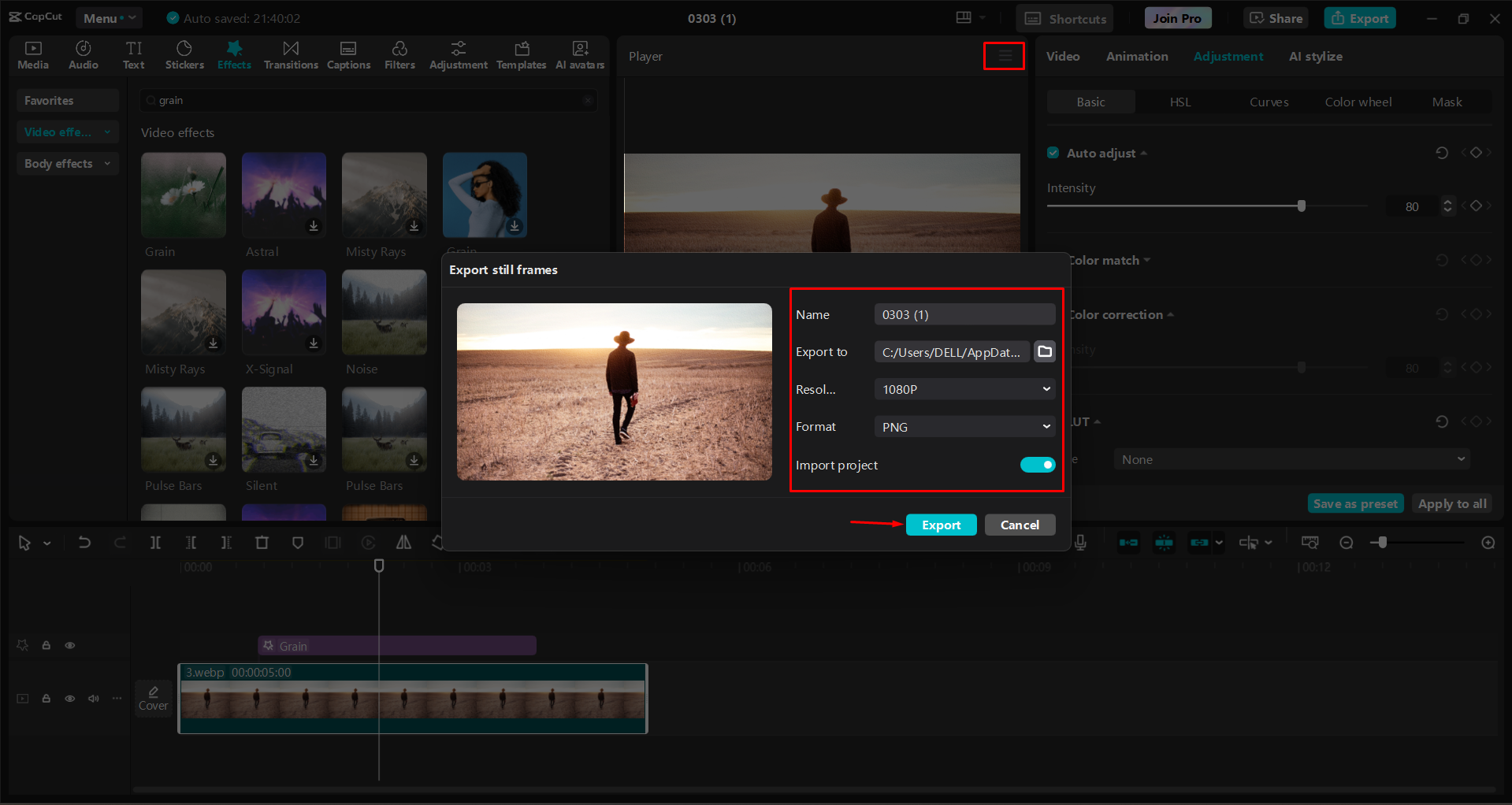 Mengekspor bingkai diam dari video di CapCut editor video desktop