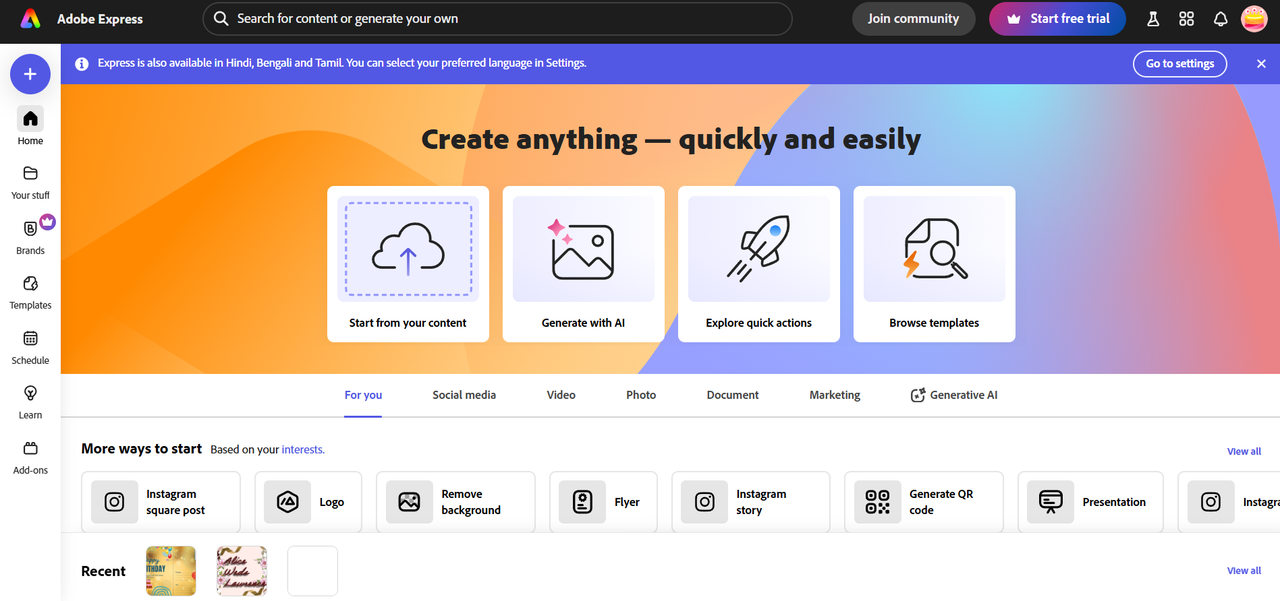 Page d'accueil d'Adobe Express