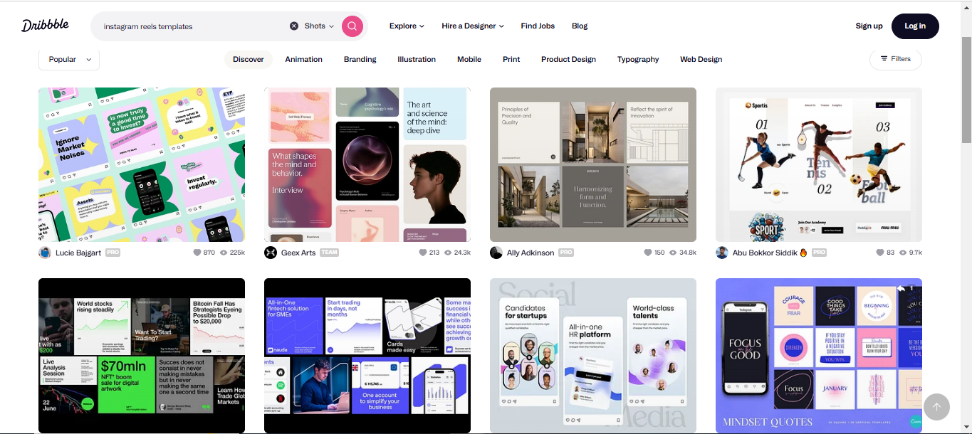 Interface of Dribbble - die beste Plattform, um Instagram Reel Overlay-Vorlagen zu erhalten