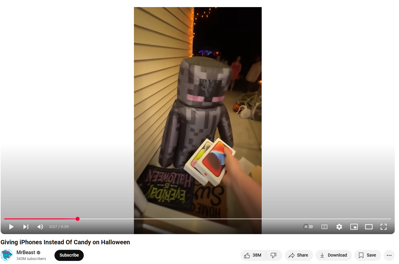 The most liked YouTube short with MrBeast giving iPhones on Halloween