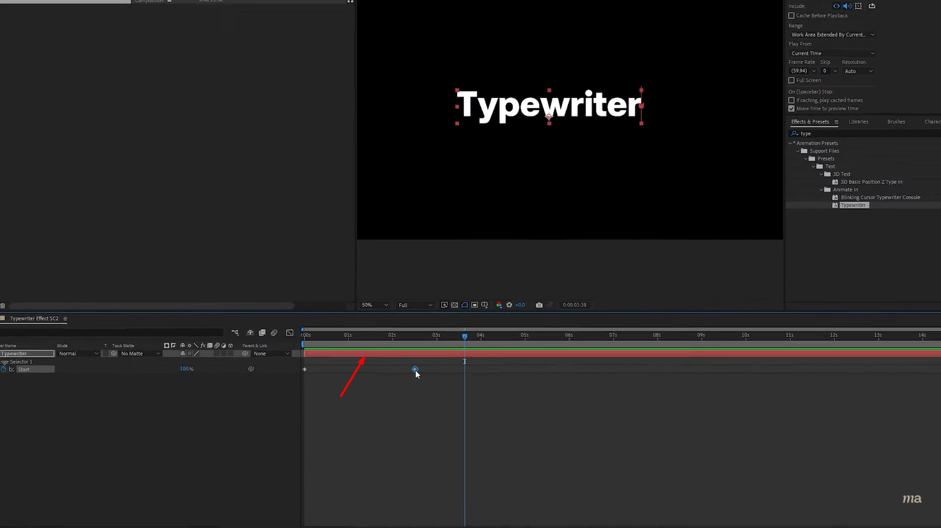 Selecionando a camada de texto no After Effects para o efeito de gravação de texto