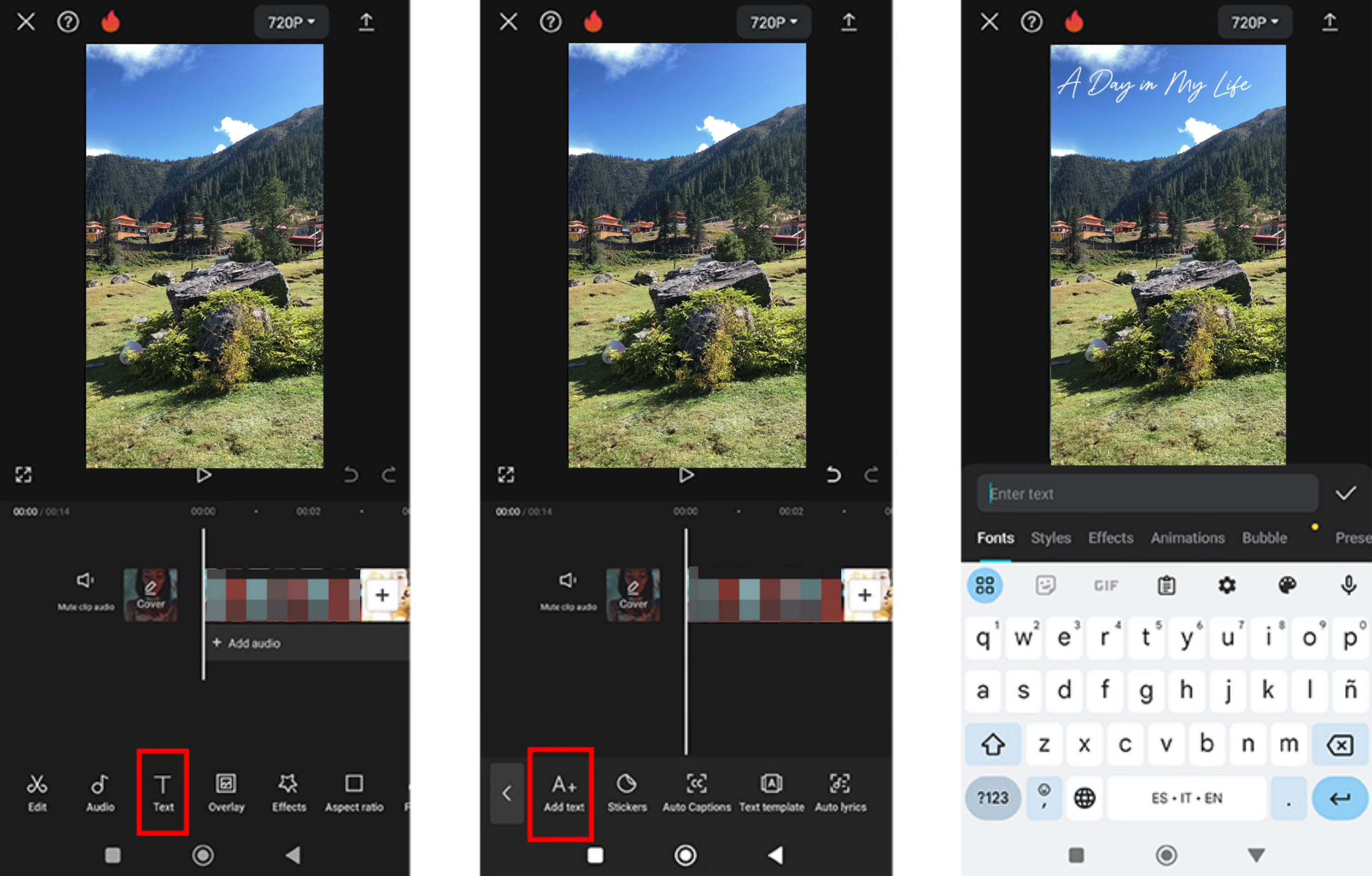 Interfaccia dell' CapCut editor video mobile che mostra come scrivere testo sui video