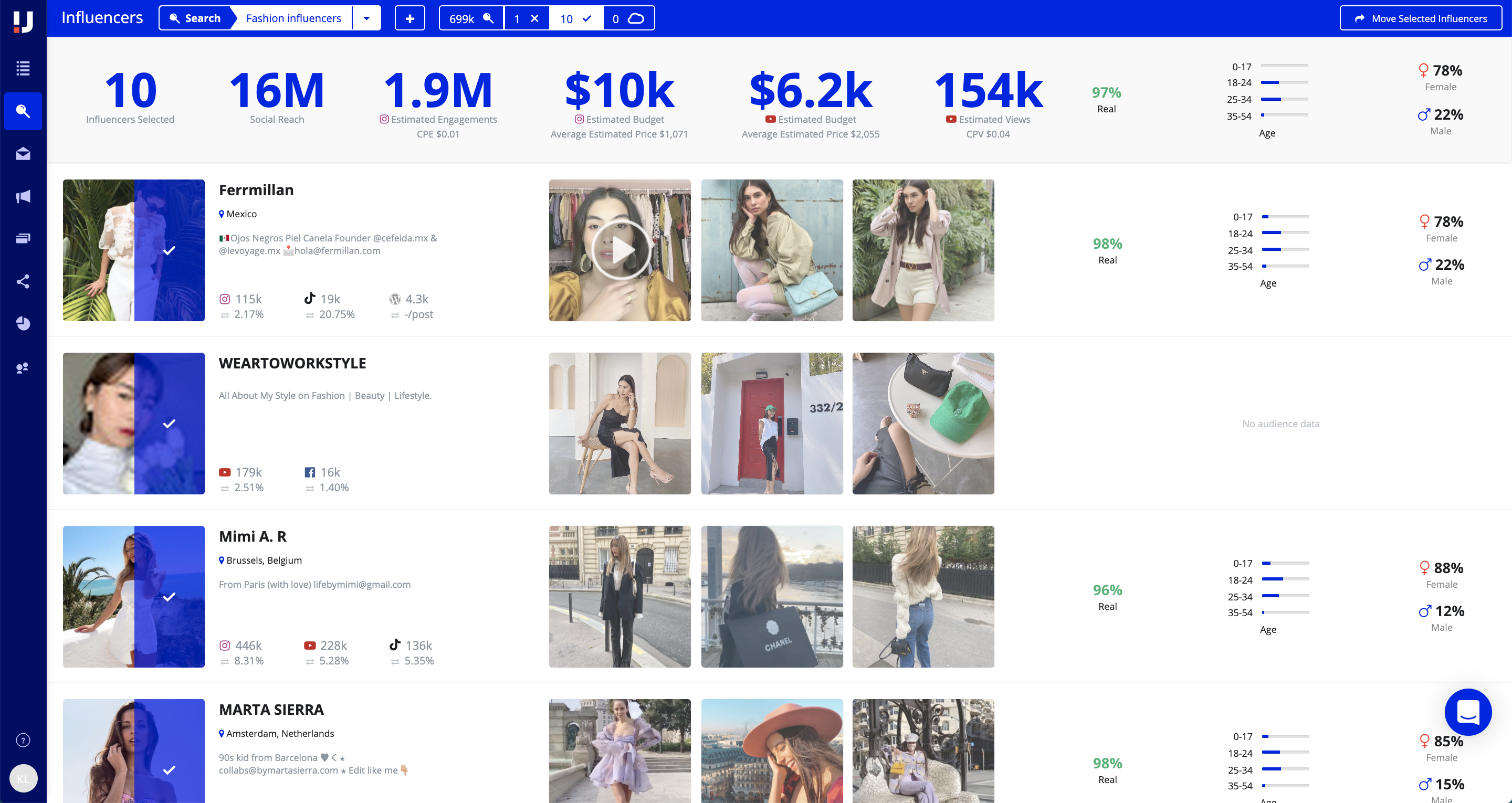 Interfaz de Upfluence - la conocida función de análisis de perfil de TikTok con marketing de influencers