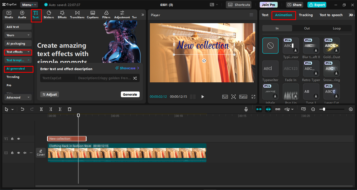 Usando os efeitos de texto e animações no editor de vídeo para desktop CapCut