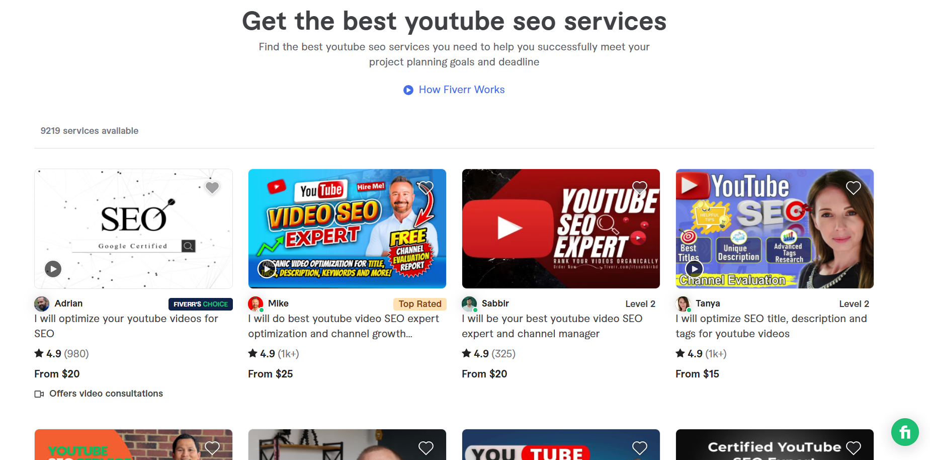 Fiverr YouTube SEO service listings